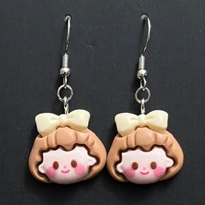 Little Brunette Girl with Bow Earrings